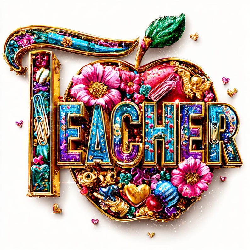 May include: A colorful, decorative design with the words "I TEACHER" in a stylized font. The design incorporates an apple shape, flowers, and various embellishments in gold, blue, pink, and purple hues, perfect for teacher appreciation.