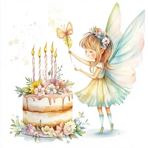 12 kleine Geburtstagstorte Fee schrulliges Mädchen Clipart, Aquarell Designs für Scrapbooking Kartenherstellung Journaling und Kunstdruck digitaler Download