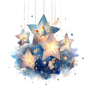 Puede incluir: Ilustración en acuarela de un grupo de estrellas azules brillantes con hadas. Las estrellas están conectadas por delicadas cuerdas doradas. Hadas con vestidos y alas de color azul claro se representan entre las estrellas.