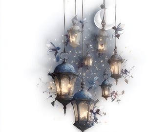20 Moonlight Fairy Lantern Clipart: Whimsical Watercolor Art (Digital Download)