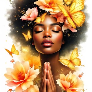 May include: Digital art of a woman with closed eyes, adorned with yellow butterflies and flowers. The flowers are a mix of orange and pink hues, and the butterflies are scattered around her head and shoulders. Her hands are clasped in prayer.