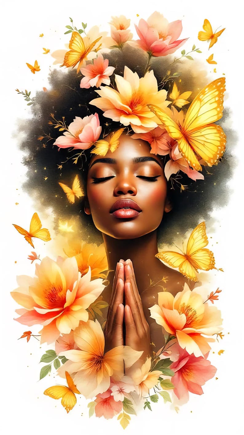 May include: Digital art of a woman with closed eyes, adorned with yellow butterflies and flowers. The flowers are a mix of orange and pink hues, and the butterflies are scattered around her head and shoulders. Her hands are clasped in prayer.