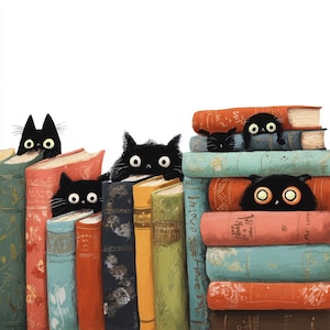 May include: Illustration of several black cats peeking over colorful books. The books are stacked in a row and in a pile, with the cats' eyes and faces visible. The books have various colors, including red, blue, and yellow.