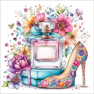 May include: Watercolor illustration featuring a perfume bottle, high-heeled shoe, and flowers. The perfume bottle is pink with a gold cap and a blue ribbon. The shoe is covered in colorful floral designs. A variety of flowers surround the objects.