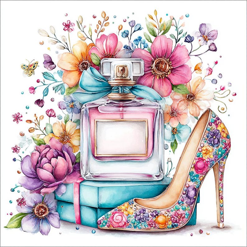 May include: Watercolor illustration featuring a perfume bottle, high-heeled shoe, and flowers. The perfume bottle is pink with a gold cap and a blue ribbon. The shoe is covered in colorful floral designs. A variety of flowers surround the objects.