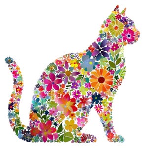 May include: A colorful illustration of a cat silhouette composed of various flowers. The flowers are in shades of pink, orange, yellow, purple, and blue, creating a vibrant and artistic design. The cat is sitting with its tail curled.