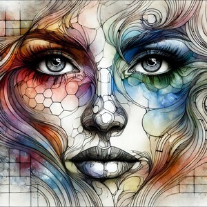 Clipart di donna astratta - 10 ritratti di donna ad acquerello ad alta risoluzione, ragazza con disegno lineare stampabile per scrapbooking e artigianato digitale, uso commerciale