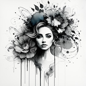 10 ritratti floreali di donne - Girl Lineart, arte acquerellata in bianco e nero, di alta qualità, download immediato, decorazione da parete, stampe digitali