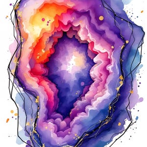 May include: Watercolor painting of a geode in shades of purple, pink, orange, and blue. The geode is outlined in black with gold accents. The artwork has a dreamy, ethereal quality, with soft edges and watercolor textures.