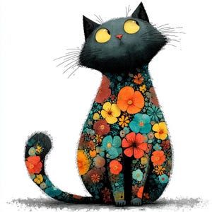 Pode incluir: Ilustra&ccedil;&atilde;o extravagante de um gato preto com um padr&atilde;o floral. O gato tem olhos grandes e amarelos e uma express&atilde;o curiosa. As flores s&atilde;o em tons de laranja, amarelo, azul e verde-azulado, criando um design vibrante. O gato est&aacute; sentado em fundo branco.