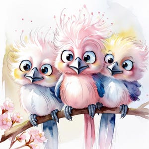 Bundle de cliparts oiseaux originaux, 18 JPG aquarelles drôles, art fantaisiste, téléchargement numérique pour art mural, scrapbooking, impression d'art créations