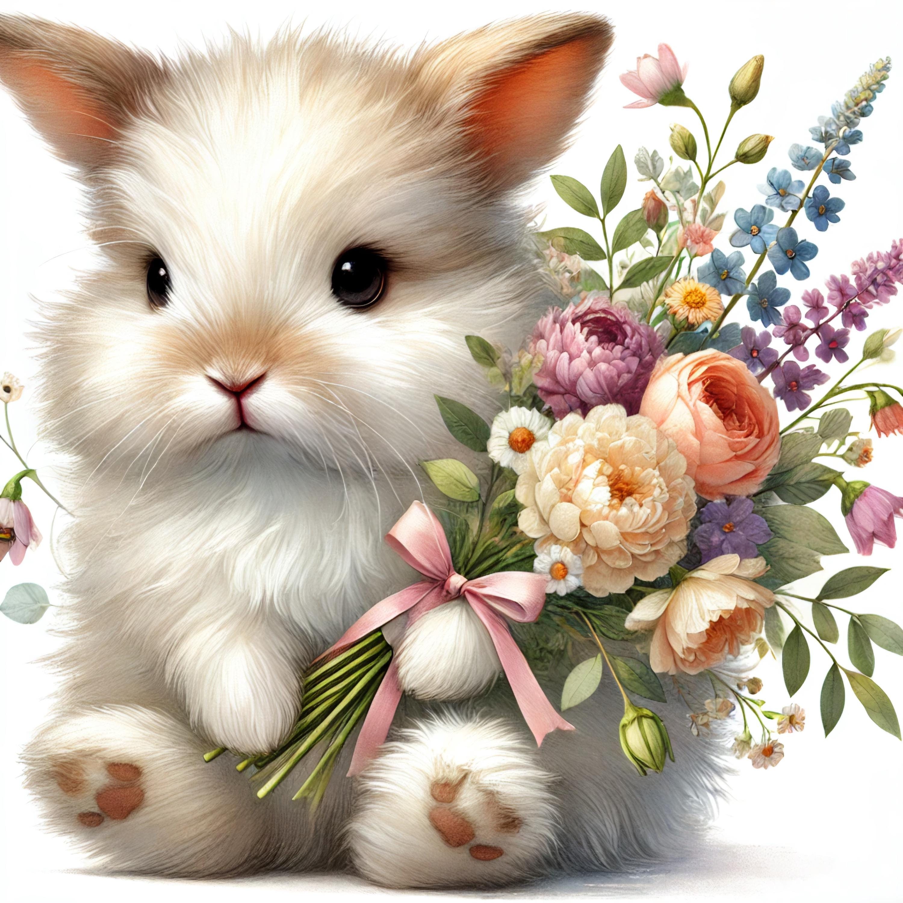 Watercolor Bunny Clipart: Rabbit With Flowers (digital Download) - Etsy