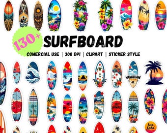 May include: A set of 130+ colourful surfboard clipart images in sticker style. The surfboards feature various designs, including tropical flowers, palm trees, sunsets, waves, and text such as "Hawaii" and "Live Aloha".
