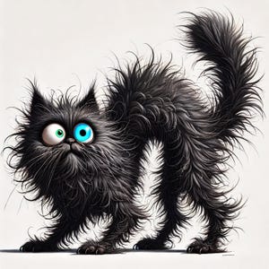 May include: A cartoon image of a black cat with striking features. The cat has large eyes, one green and one blue, and a fluffy, unkempt coat. Its posture suggests surprise, with its back arched and tail raised, creating a comical effect.