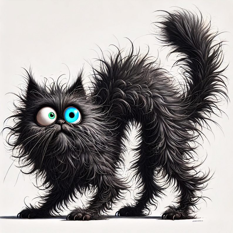 May include: A cartoon image of a black cat with striking features. The cat has large eyes, one green and one blue, and a fluffy, unkempt coat. Its posture suggests surprise, with its back arched and tail raised, creating a comical effect.