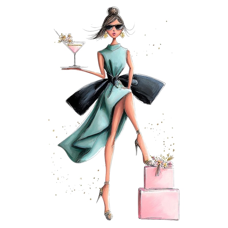 May include: Illustration of a fashion-forward figure in a teal dress with a large black bow, holding a cocktail. The figure wears sunglasses and high heels, with a stack of pink gift boxes. Gold accents and a white background complete the design.