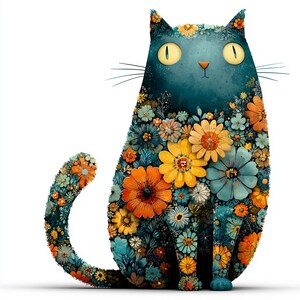 Pode incluir: Uma ilustra&ccedil;&atilde;o extravagante de um gato com um corpo azul-petr&oacute;leo e olhos grandes e amarelos. A forma do gato &eacute; adornada com uma variedade vibrante de flores em tons de laranja, amarelo e azul. O gato est&aacute; sentado com a cauda enrolada.