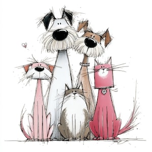 Op de afbeelding: Een grillige illustratie van vijf cartoon huisdieren: drie honden en twee katten. De honden zijn wit, bruin en roze, terwijl de katten bruin en roze zijn. Het kunstwerk heeft een schetsmatige, handgetekende stijl met zwarte contouren en een hart.
