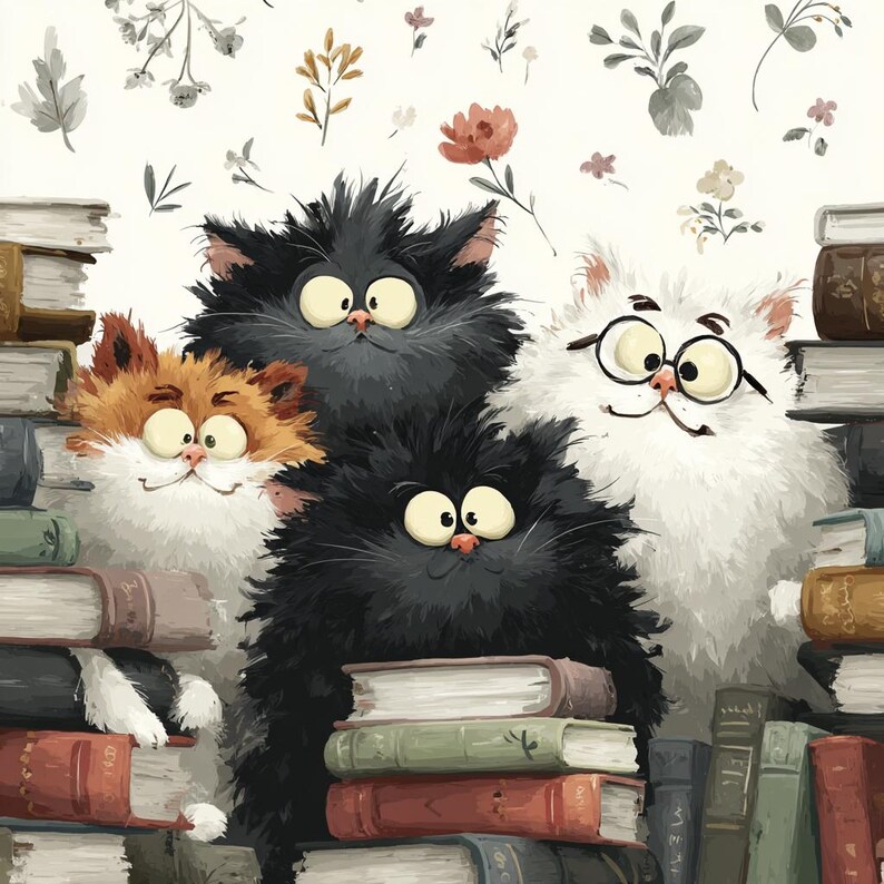 May include: Illustration of four fluffy cats of various colors: orange, black, gray, and white. The cats are surrounded by stacks of books and floral accents. One cat wears glasses. Whimsical and charming.