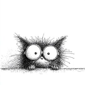 May include: A monochrome illustration of a cartoon cat with oversized, round eyes. The cat has a fluffy, textured appearance and is peeking over a surface. The artwork is detailed with fine lines, creating a whimsical and expressive image.