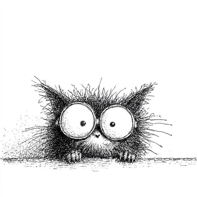 May include: A monochrome illustration of a cartoon cat with oversized, round eyes. The cat has a fluffy, textured appearance and is peeking over a surface. The artwork is detailed with fine lines, creating a whimsical and expressive image.