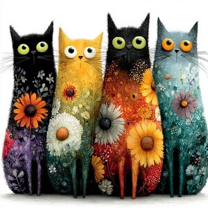 Pode incluir: Ilustra&ccedil;&atilde;o de quatro gatos extravagantes com padr&otilde;es florais. Cada gato tem olhos grandes e expressivos e &eacute; preenchido com flores coloridas. Os gatos s&atilde;o pretos, amarelos, pretos e laranja e azuis, com flores em tons correspondentes.
