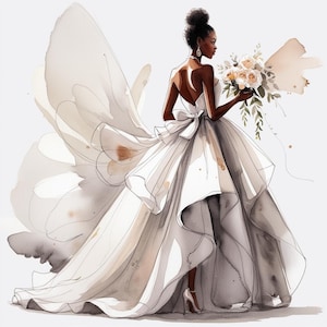 Può includere: Illustrazione ad acquerello di una sposa in abito da sposa bianco con un grande fiocco sulla schiena. Tiene in mano un bouquet di rose e verde crema. L'abito ha una gonna a strati e un lungo strascico. La sposa indossa tacchi argentati.