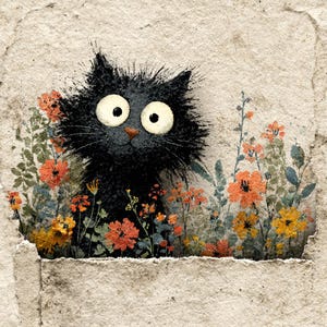 May include: A whimsical illustration of a black cat with large, wide eyes peeking out from behind colorful flowers. The flowers are a mix of orange, yellow, and red, set against a textured, off-white background. The cat has a fluffy appearance.