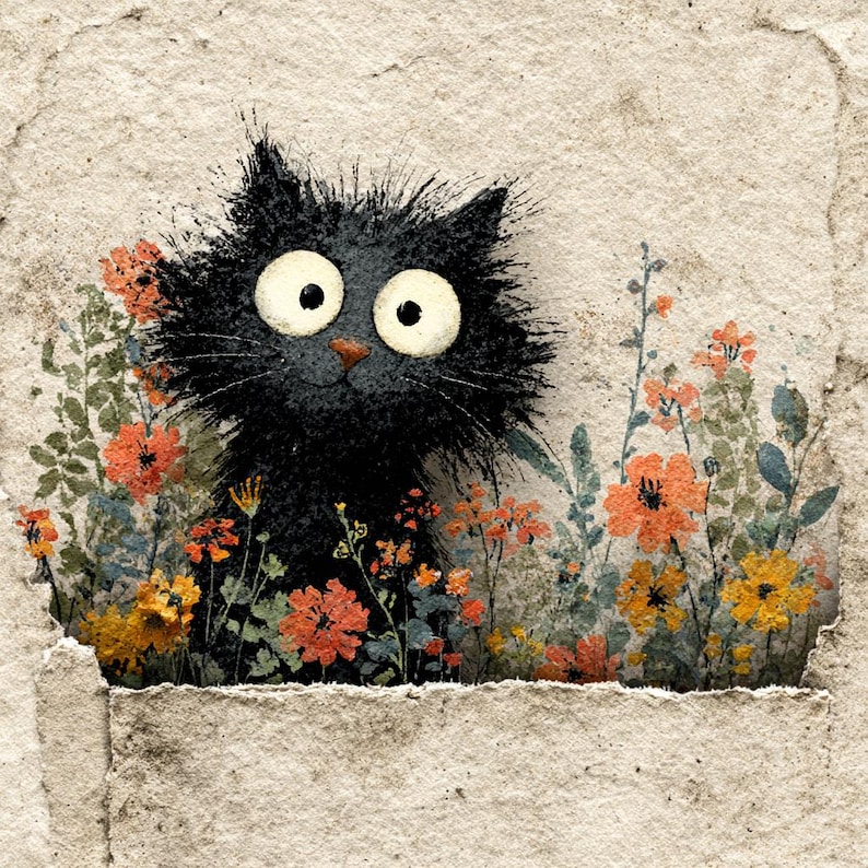 May include: A whimsical illustration of a black cat with large, wide eyes peeking out from behind colorful flowers. The flowers are a mix of orange, yellow, and red, set against a textured, off-white background. The cat has a fluffy appearance.