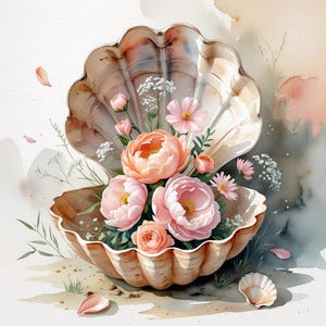 12 Seashell Flower Clipart | Watercolor Floral Shell Printable JPGs | Pastel Ocean Botanical Art for Scrapbook, Cards & Coastal Decor