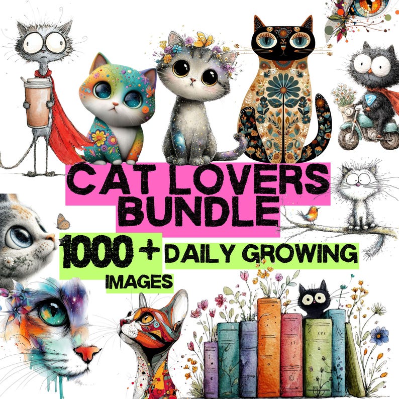 1000+ katter akvarell clipart-paket, utskrivbart för hantverk, klistermärken, kort, digital nedladdning bild 1