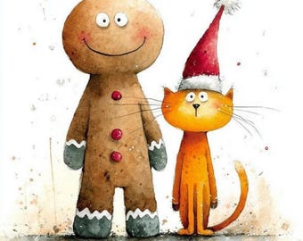 30 aquarel kerstkatten en sneeuwpop clipart (PNG): grillige wintervakantiekunst voor junk Journal
