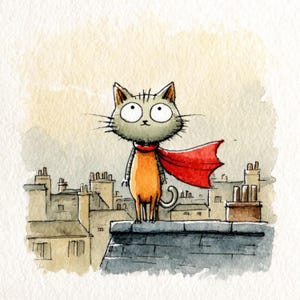 K&ouml;nnte beinhalten: Aquarellillustration einer Katze mit rotem Umhang, die auf einem Dach steht. Die Katze hat graues Fell, einen orangefarbenen K&ouml;rper und gro&szlig;e Augen. Der Hintergrund zeigt D&auml;cher und einen bew&ouml;lkten Himmel. Fantasievoll und charmant.