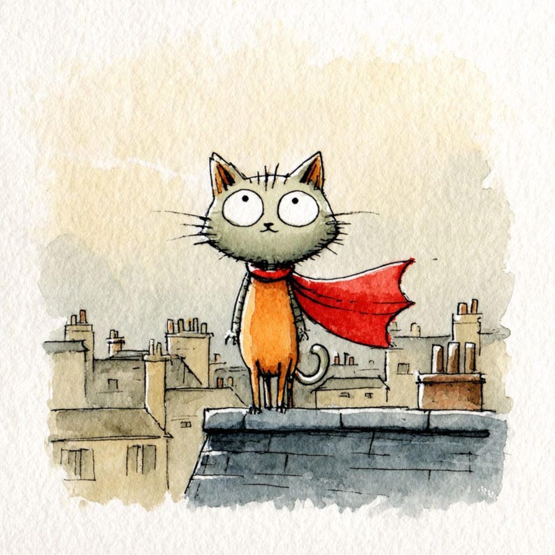 K&ouml;nnte beinhalten: Aquarellillustration einer Katze mit rotem Umhang, die auf einem Dach steht. Die Katze hat graues Fell, einen orangefarbenen K&ouml;rper und gro&szlig;e Augen. Der Hintergrund zeigt D&auml;cher und einen bew&ouml;lkten Himmel. Fantasievoll und charmant.
