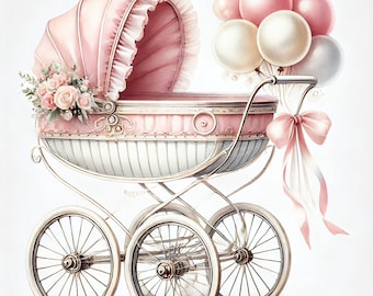 Vintage Baby Carriage Clipart: Watercolor Stroller Art (Digital Download)