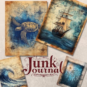 May include: A collection of vintage-style ephemera for junk journaling. Includes illustrations of a sea turtle, a sailing ship, and ocean waves, all set against antique map backgrounds. The text "Junk Journal Ephemera Kit" is also visible.