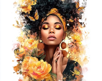 20 JPG Praying Afro Woman Watercolor Clipart Printable Spiritual Art Digital Download