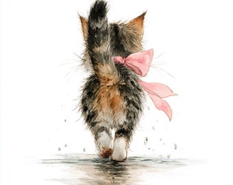 May include: Watercolor illustration of a kitten walking away, viewed from the rear. The kitten has a fluffy, multi-colored coat and a pink bow tied around its tail. The kitten's white-pawed feet are visible as it walks on a wet surface.