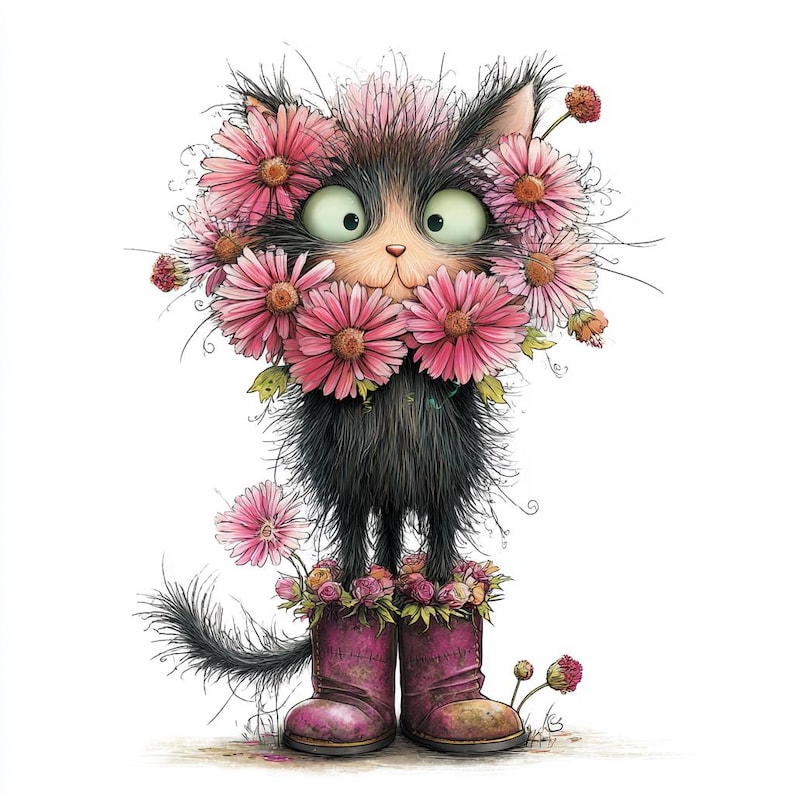 May include: A cartoon illustration of a black and tan cat with large green eyes, wearing pink flowers around its head and in its boots. The cat has a fluffy appearance and a playful expression, set against a white background.