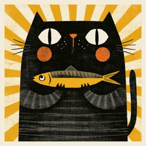 May include: A whimsical illustration of a black cat holding a yellow fish. The cat has large white eyes, orange cheeks, and a striped sweater. The background features yellow and cream-colored rays, creating a playful and charming design.