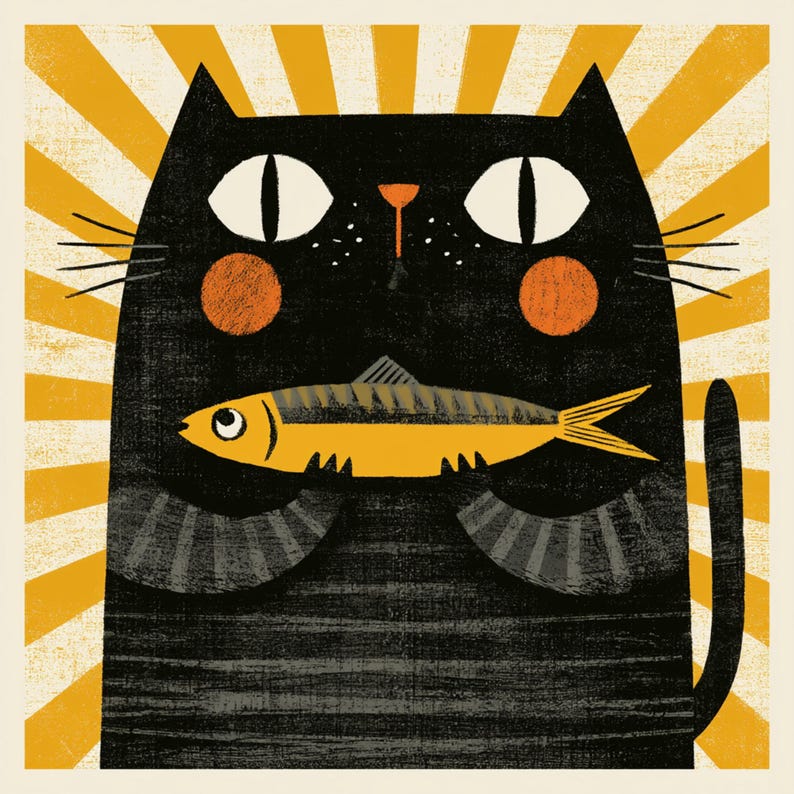 May include: A whimsical illustration of a black cat holding a yellow fish. The cat has large white eyes, orange cheeks, and a striped sweater. The background features yellow and cream-colored rays, creating a playful and charming design.