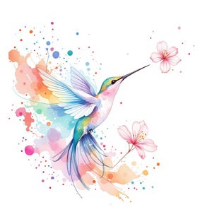 25 Clipart di fiori ad acquerello di colibrì in formato PNG, stampa artistica di uccelli digitali, illustrazione di un giardino primaverile naturale, clipart PNG trasparente stampabile