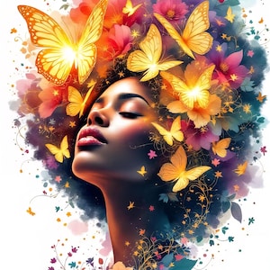 May include: A digital art piece featuring a woman with closed eyes, her hair adorned with vibrant yellow butterflies and colorful flowers. The artwork has a dreamy, ethereal quality, with a soft color palette of oranges, pinks, and blues. The woman's skin is a deep brown, and her lips are a bright red.