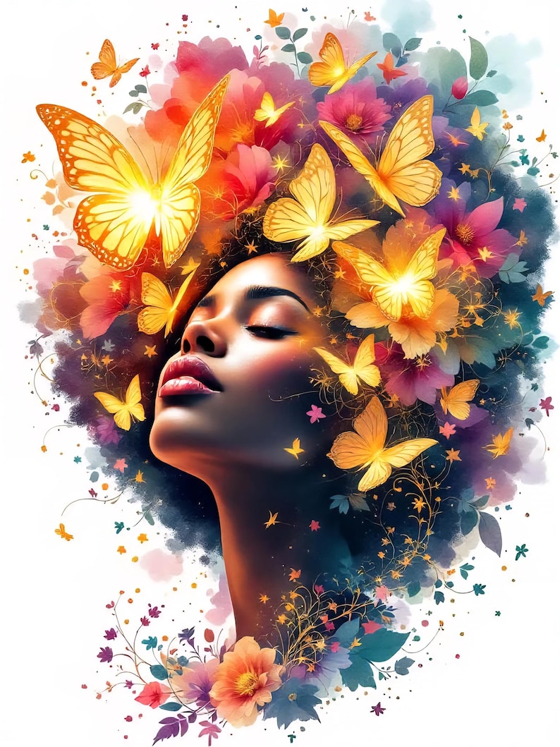 May include: A digital art piece featuring a woman with closed eyes, her hair adorned with vibrant yellow butterflies and colorful flowers. The artwork has a dreamy, ethereal quality, with a soft color palette of oranges, pinks, and blues. The woman's skin is a deep brown, and her lips are a bright red.