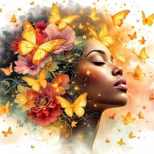 May include: Digital art of a woman with closed eyes, adorned with flowers and butterflies. The woman has dark skin and is surrounded by orange and yellow butterflies. Flowers in shades of red, pink, and yellow are also present, creating a whimsical and artistic composition.