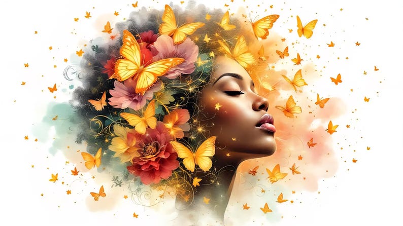 May include: Digital art of a woman with closed eyes, adorned with flowers and butterflies. The woman has dark skin and is surrounded by orange and yellow butterflies. Flowers in shades of red, pink, and yellow are also present, creating a whimsical and artistic composition.