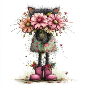 May include: A charming illustration of a black cat with a bouquet of pink and peach flowers. The cat is dressed in a floral dress and pink wellington boots. The artwork has a soft, watercolour style with delicate details and a playful feel.