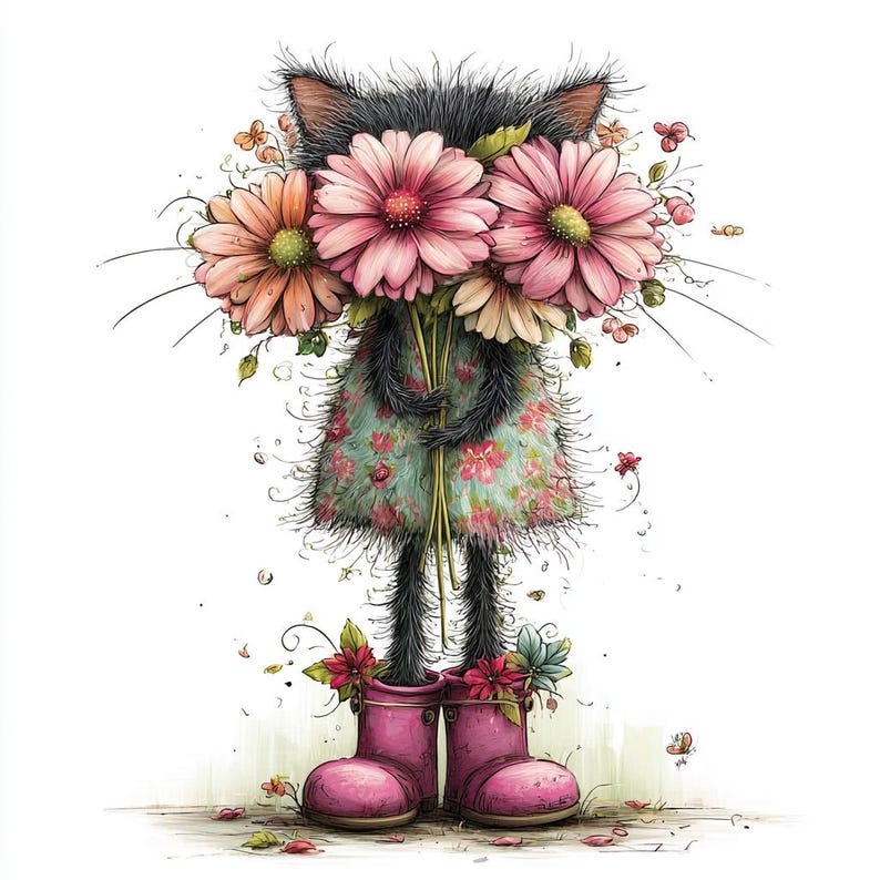 May include: A charming illustration of a black cat with a bouquet of pink and peach flowers. The cat is dressed in a floral dress and pink wellington boots. The artwork has a soft, watercolour style with delicate details and a playful feel.