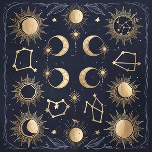 以下が含まれることがあります： 金色の天体イラストが描かれた黒い背景。画像には太陽、月、星座が描かれています。星座には、双子座、射手座、天秤座、水瓶座が含まれています。