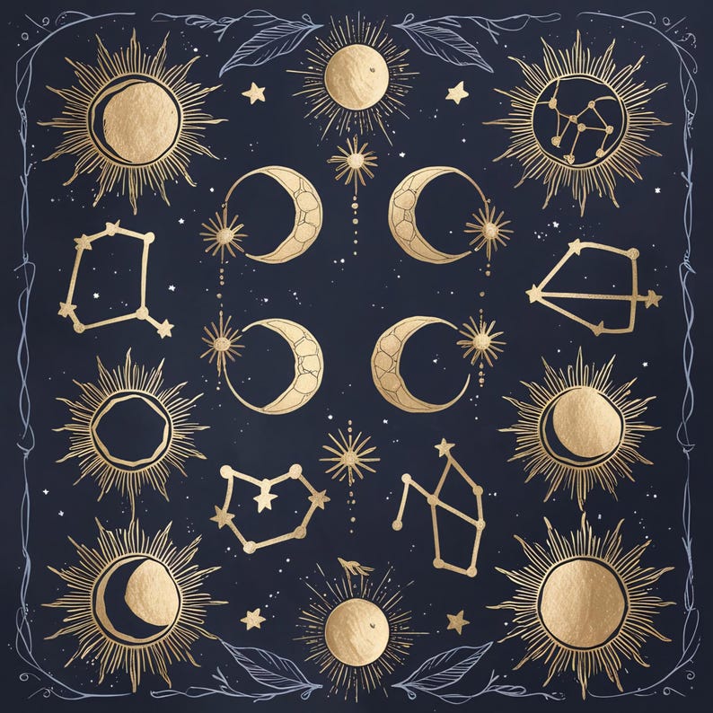 以下が含まれることがあります： 金色の天体イラストが描かれた黒い背景。画像には太陽、月、星座が描かれています。星座には、双子座、射手座、天秤座、水瓶座が含まれています。